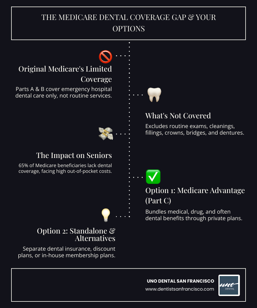Infographic showing the Medicare dental coverage gap: Original Medicare (Parts A & B) covers emergency hospital dental care only, not routine dental services like exams, cleanings, fillings, crowns, bridges, or dentures; 65% of Medicare beneficiaries have no dental coverage; seniors must seek supplemental coverage through Medicare Advantage plans, standalone dental insurance, or alternative payment options - dental insurance for seniors infographic infographic-line-5-steps-dark Infographic showing the Medicare dental coverage gap: Original Medicare (Parts A & B) covers emergency hospital dental care only, not routine dental services like exams, cleanings, fillings, crowns, bridges, or dentures; 65% of Medicare beneficiaries have no dental coverage; seniors must seek supplemental coverage through Medicare Advantage plans, standalone dental insurance, or alternative payment options - dental insurance for seniors infographic infographic-line-5-steps-dark