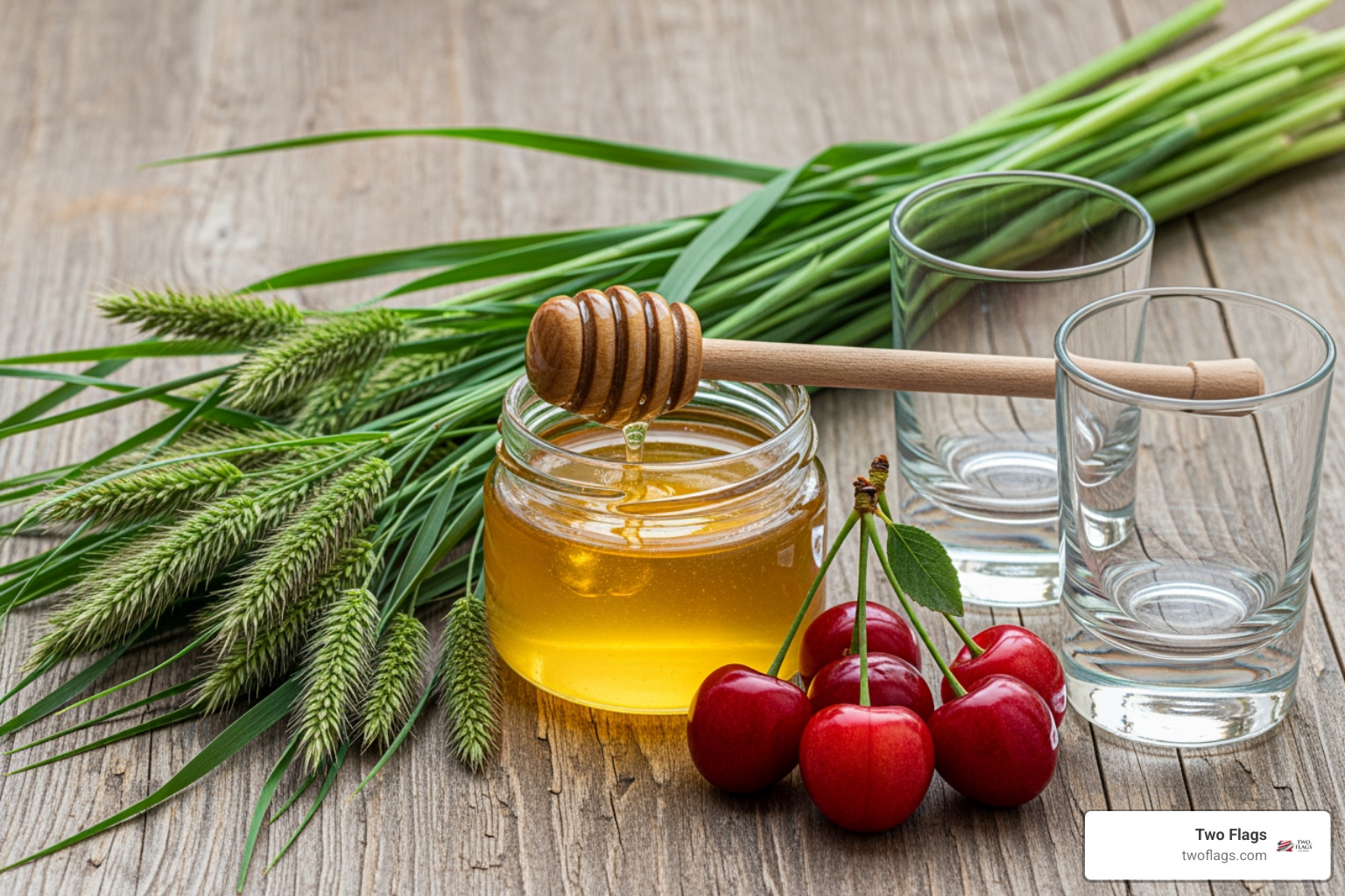 various natural ingredients like bison grass, honey, and cherries next to vodka glasses - polish flavoured vodka