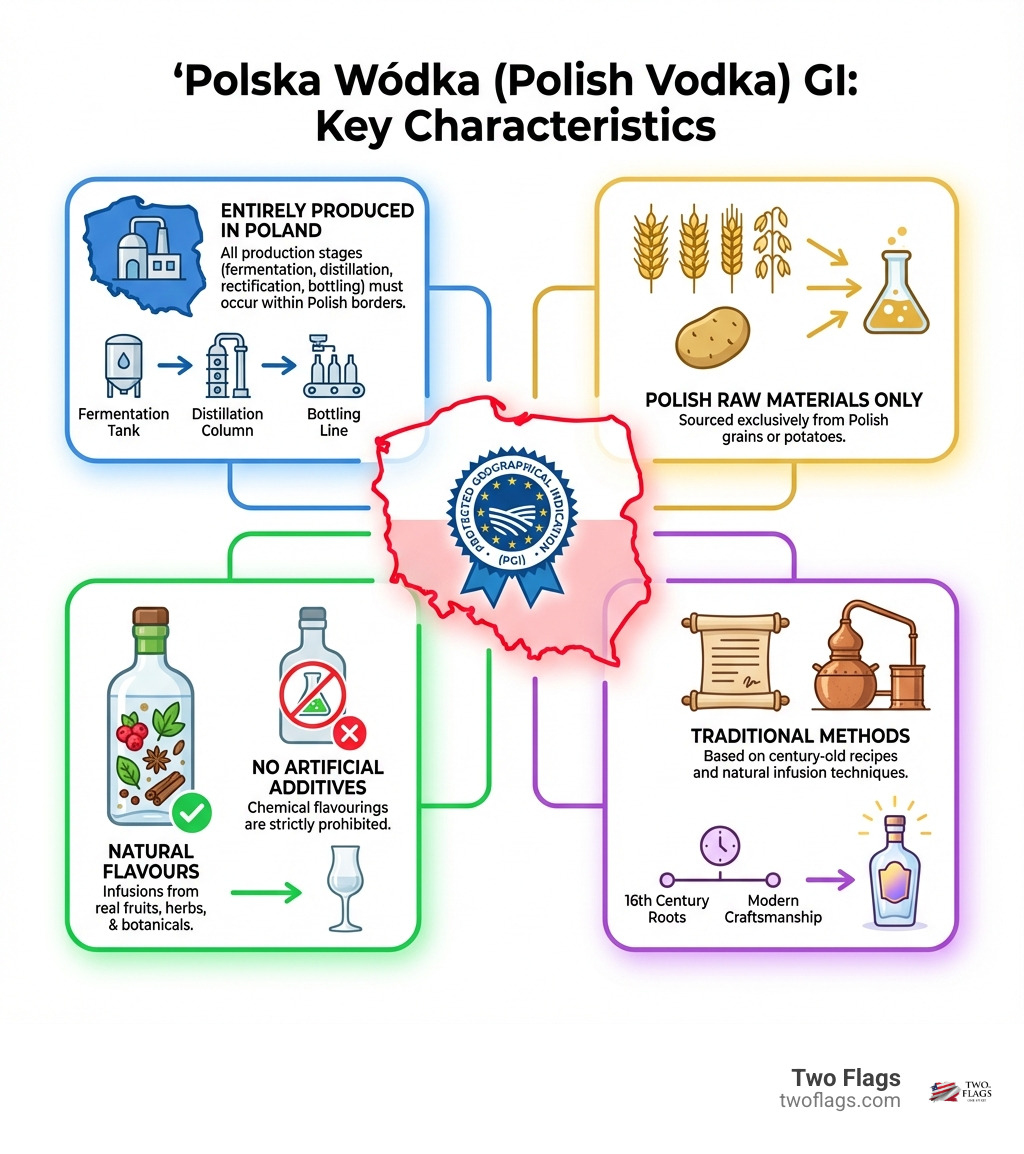 Infographic explaining the key characteristics of "Polish Vodka" (Polska Wódka) Geographical Indication - polish flavoured vodka infographic 