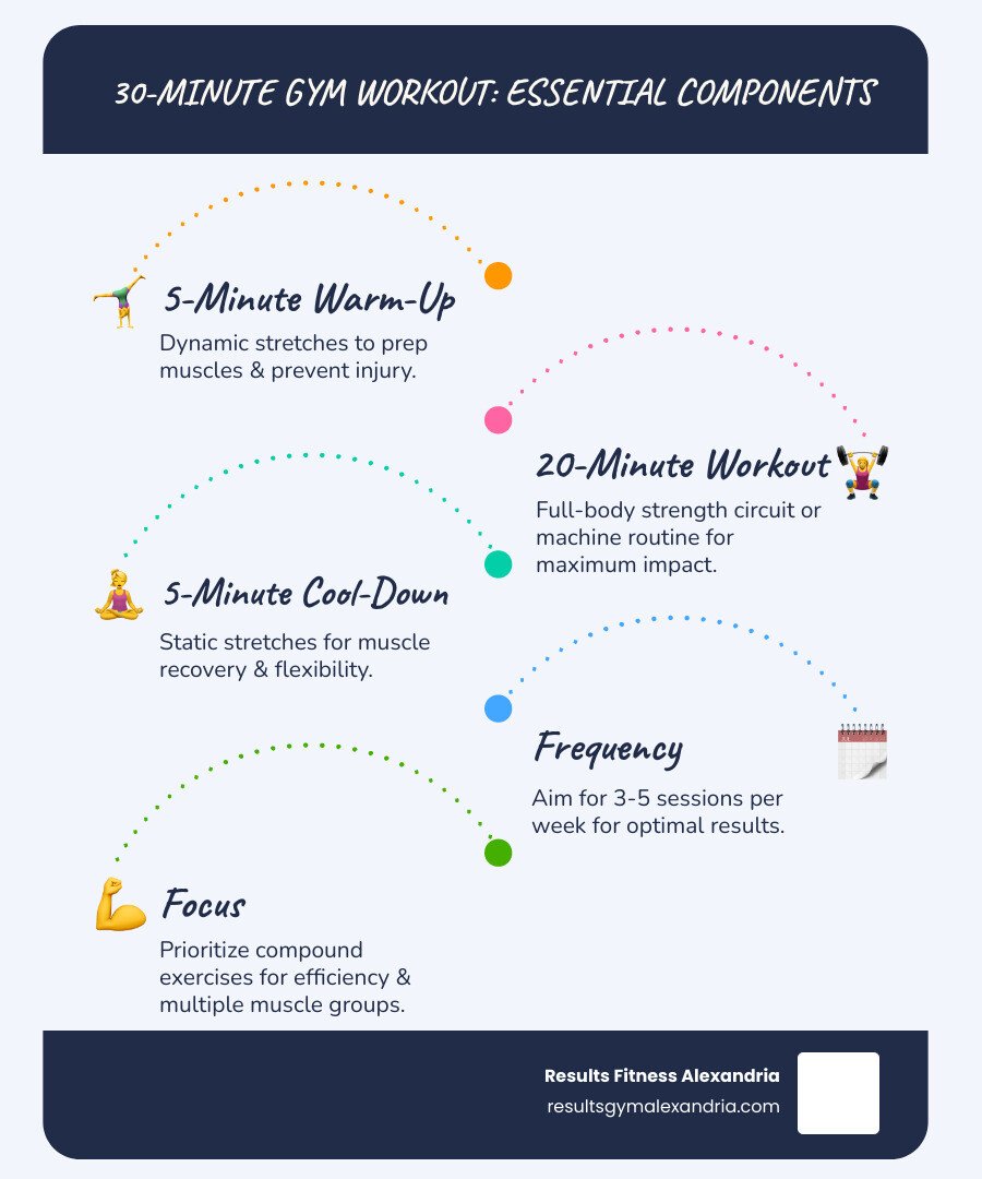 infographic showing 30-minute workout benefits including improved heart health, muscle toning, boosted metabolism, enhanced mental focus, increased bone density, and better time efficiency with clock showing breakdown of 5 min warmup, 20 min workout, 5 min cooldown - 30 minute gym workout female infographic infographic-line-5-steps-blues-accent_colors