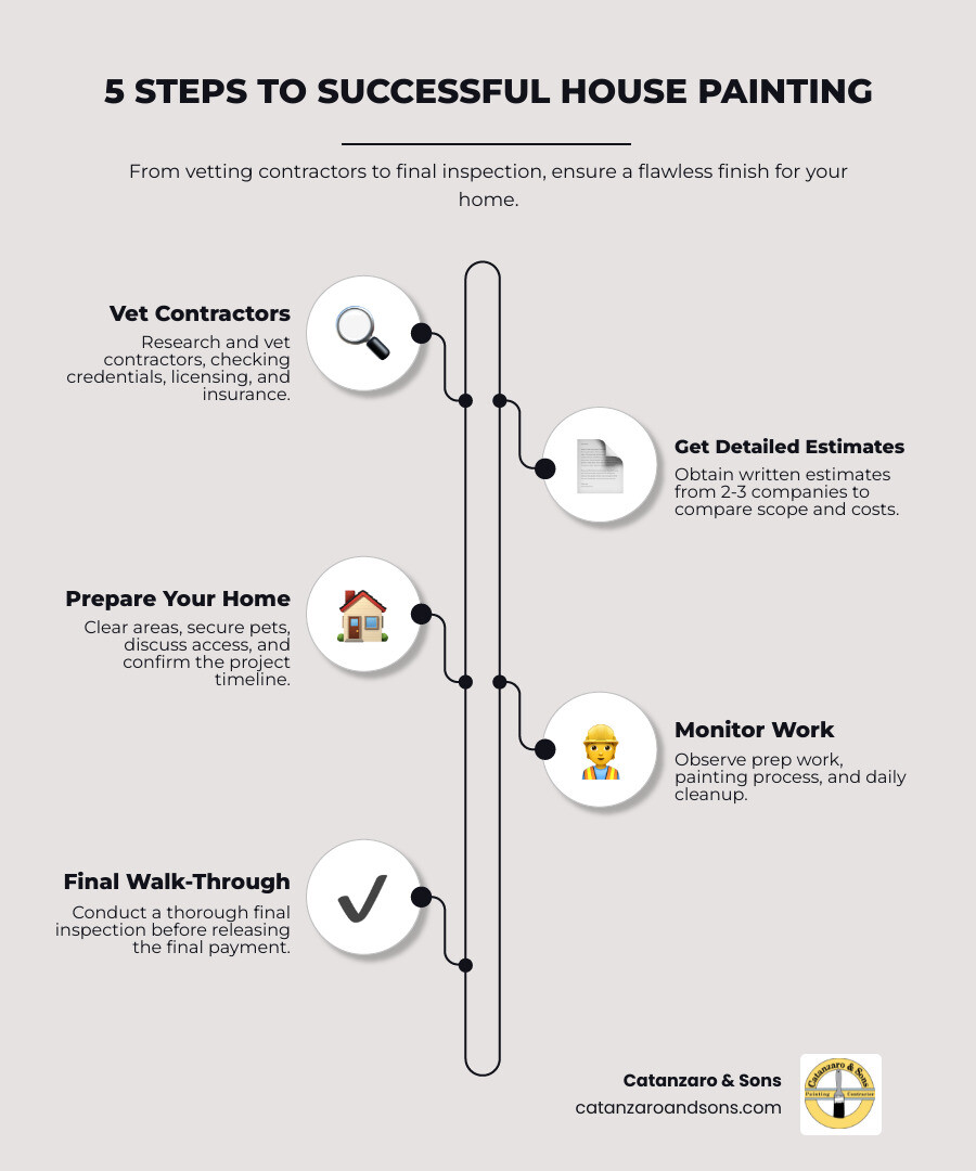 Infographic showing 5 steps to successful house painting: 1. Research and vet contractors with proper credentials, 2. Get detailed written estimates from 2-3 companies, 3. Prepare your home and discuss the timeline, 4. Monitor the prep work and painting process, 5. Complete a final walk-through before final payment - house painting ri infographic infographic-line-5-steps-elegant_beige Infographic showing 5 steps to successful house painting: 1. Research and vet contractors with proper credentials, 2. Get detailed written estimates from 2-3 companies, 3. Prepare your home and discuss the timeline, 4. Monitor the prep work and painting process, 5. Complete a final walk-through before final payment - house painting ri infographic infographic-line-5-steps-elegant_beige