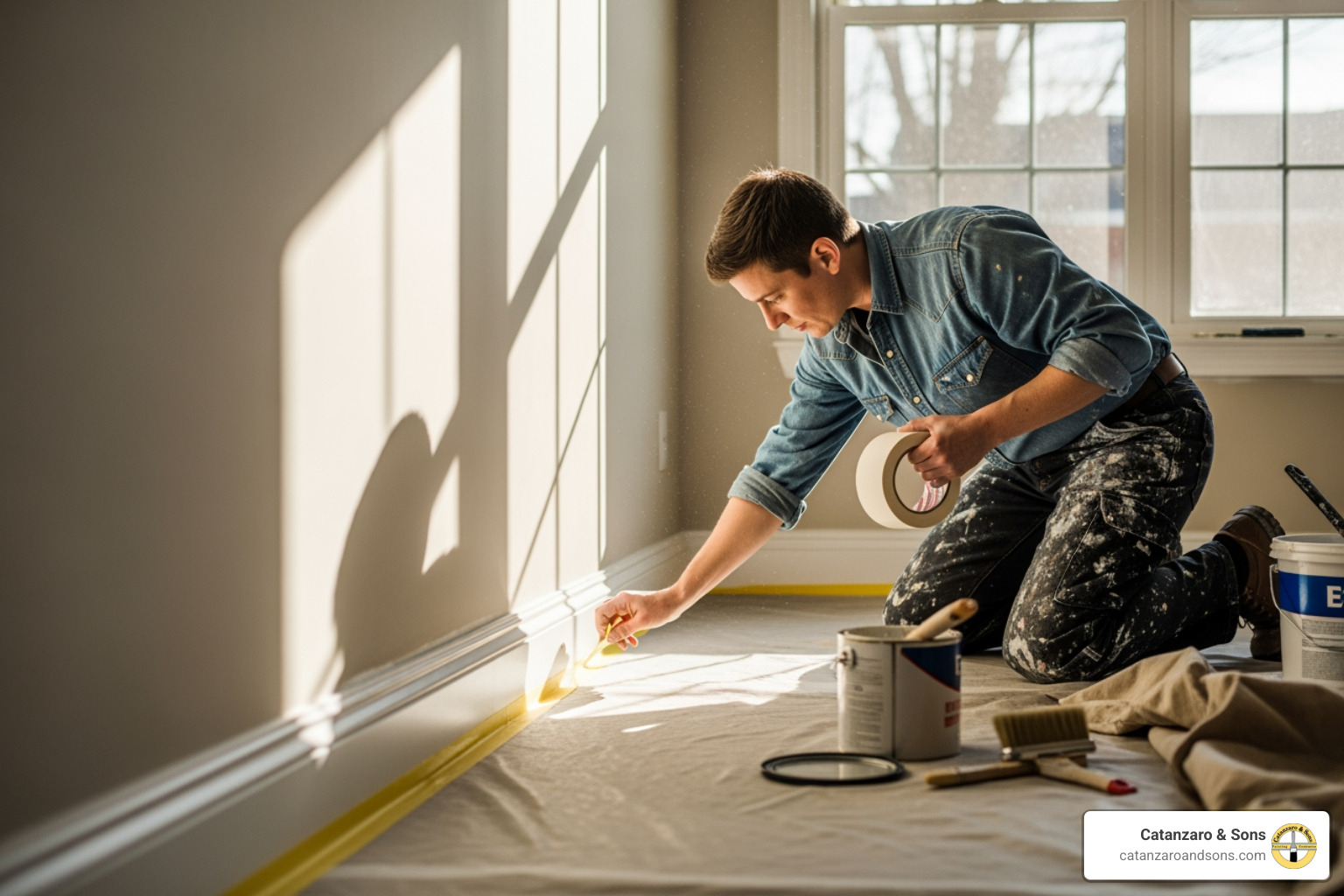 A painter carefully taping trim inside a sunlit room - house painting ri A painter carefully taping trim inside a sunlit room - house painting ri