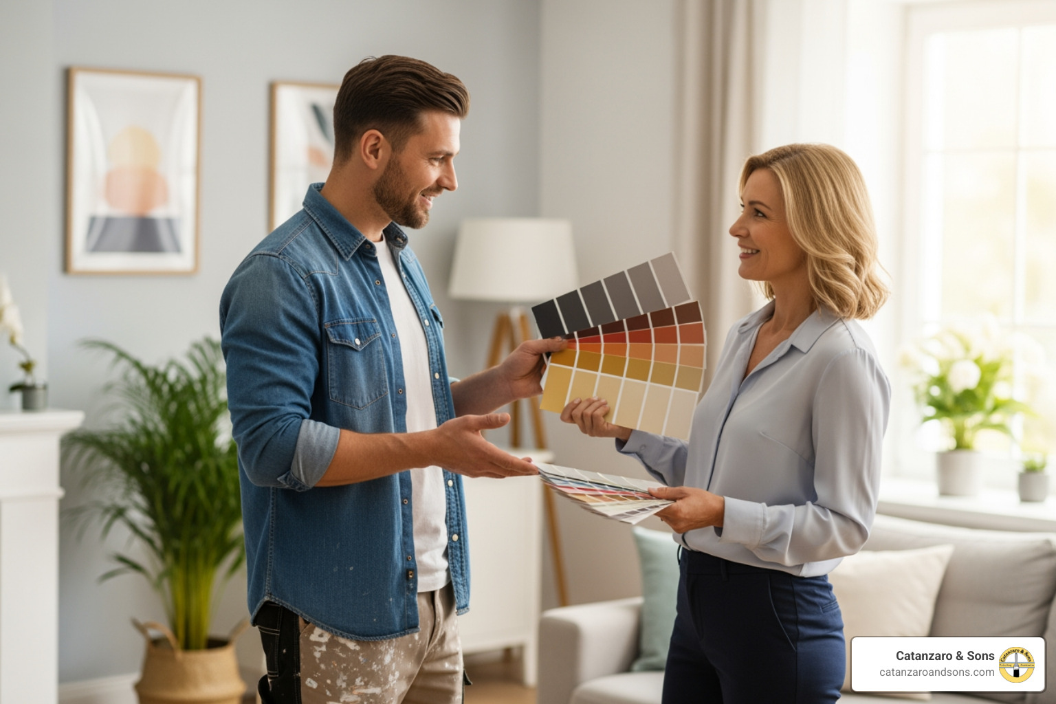 A friendly painter discussing a color swatch with a homeowner - house painting ri A friendly painter discussing a color swatch with a homeowner - house painting ri