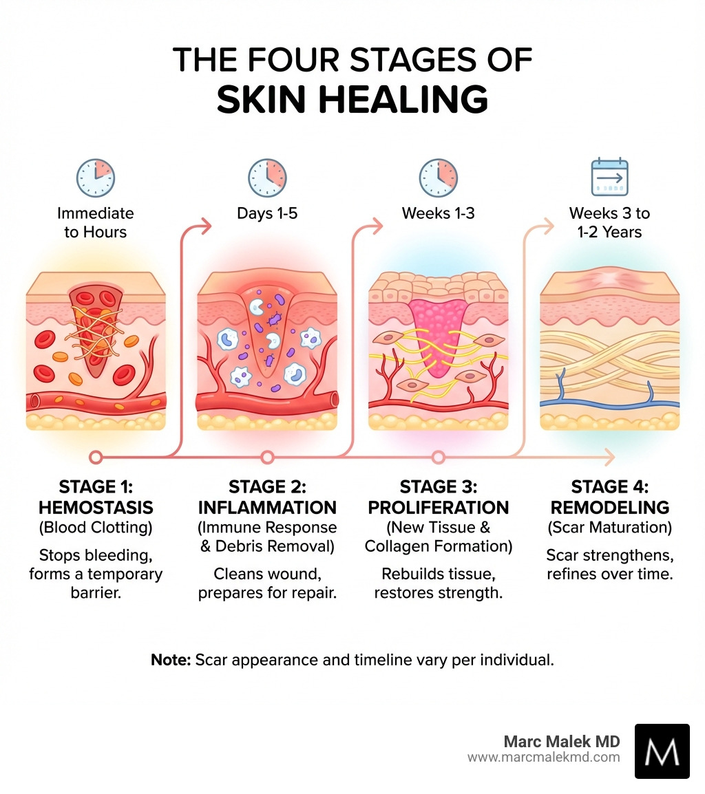 Infographic showing the four stages of skin healing: hemostasis (blood clotting), inflammation (immune response and debris removal), proliferation (new tissue and collagen formation), and remodeling (scar maturation over 1-2 years), with visual representations of each phase - scar treatment infographic Infographic showing the four stages of skin healing: hemostasis (blood clotting), inflammation (immune response and debris removal), proliferation (new tissue and collagen formation), and remodeling (scar maturation over 1-2 years), with visual representations of each phase - scar treatment infographic