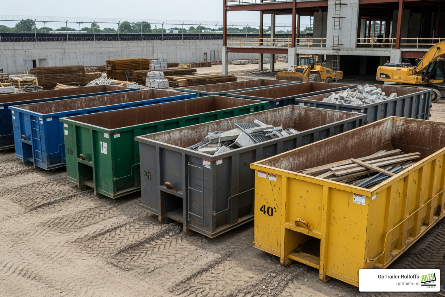 Different sized roll-off dumpsters lined up - construction container rental Different sized roll-off dumpsters lined up - construction container rental