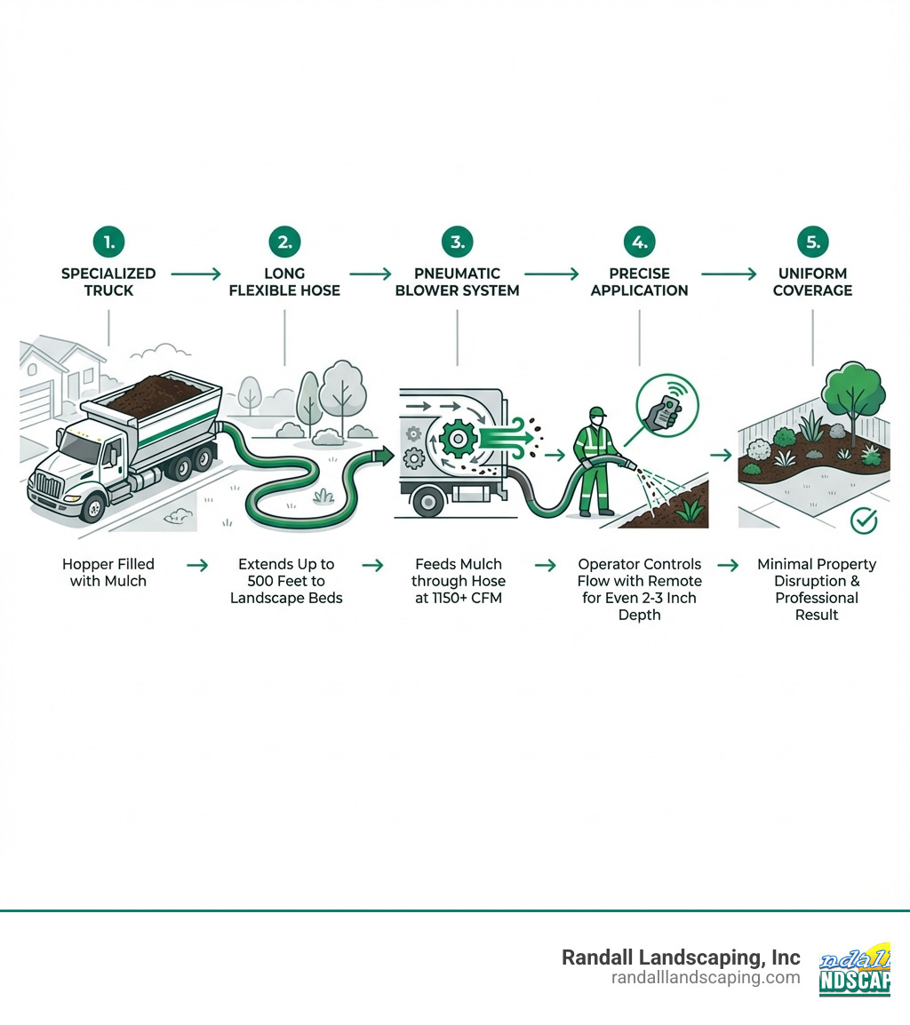 Infographic showing the mulch blowing process: 1) Specialized truck parks in driveway or street with hopper filled with mulch, 2) Long flexible hose (up to 500 feet) extends to landscape beds, 3) Pneumatic blower system feeds mulch through hose at 1150+ CFM, 4) Operator controls flow with remote for precise, even application at 2-3 inch depth, 5) Result is uniform coverage with minimal property disruption - mulch blowing infographic 
