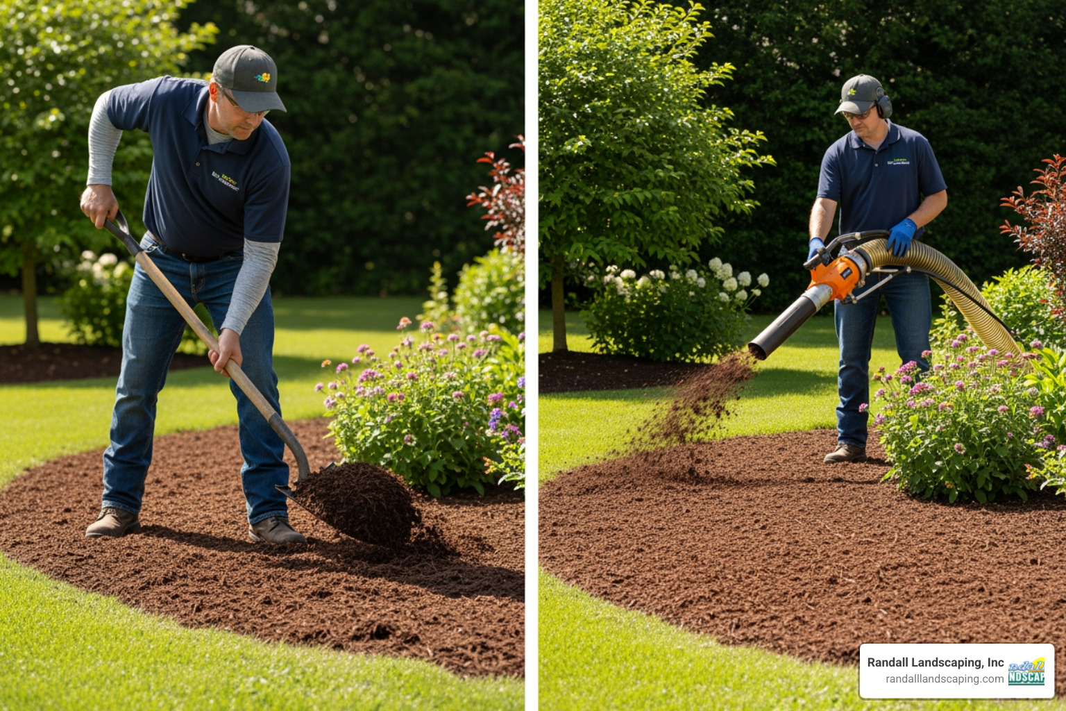 Side-by-side comparison of hand mulching vs. blown mulch application - mulch blowing