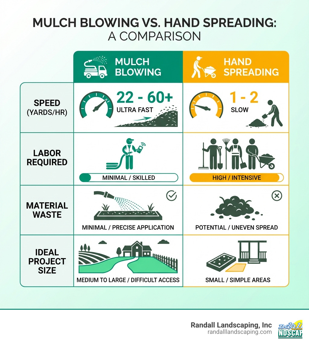 Table comparing Mulch Blowing vs. Hand Spreading on metrics like Speed (Yards/Hr), Labor Required, Material Waste, and Ideal Project Size - mulch blowing infographic 
