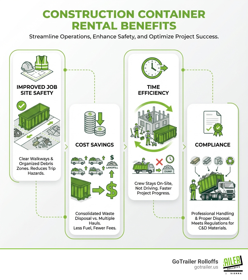 Infographic showing construction container rental benefits: improved job site safety with clear walkways and organized debris zones, cost savings from consolidated waste disposal versus multiple haul-aways, time efficiency keeping crews on-site instead of making dump runs, and compliance through professional handling of construction and demolition materials - construction container rental infographic Infographic showing construction container rental benefits: improved job site safety with clear walkways and organized debris zones, cost savings from consolidated waste disposal versus multiple haul-aways, time efficiency keeping crews on-site instead of making dump runs, and compliance through professional handling of construction and demolition materials - construction container rental infographic