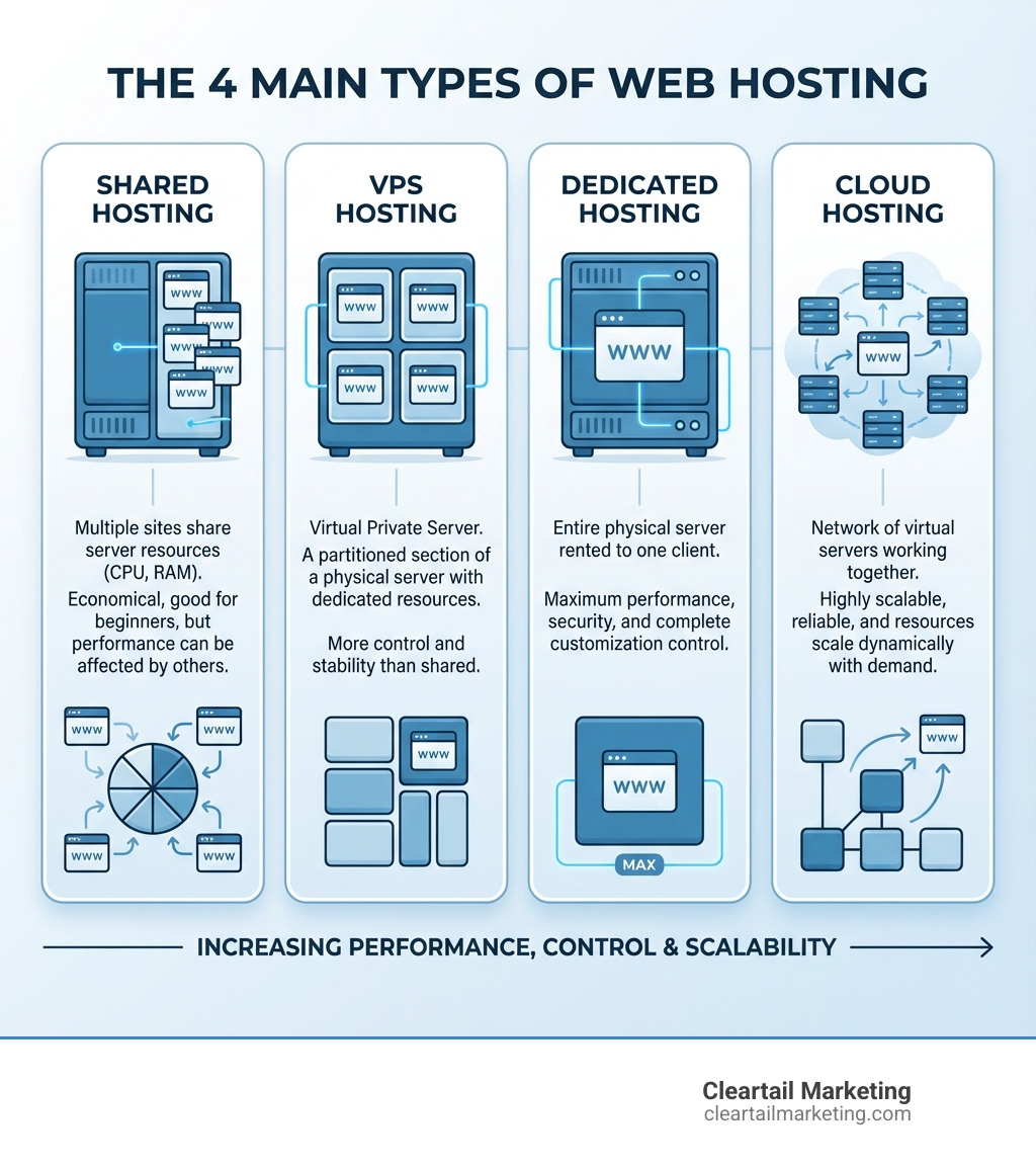 infographic explaining the 4 main types of web hosting - best small business webhosting infographic 
