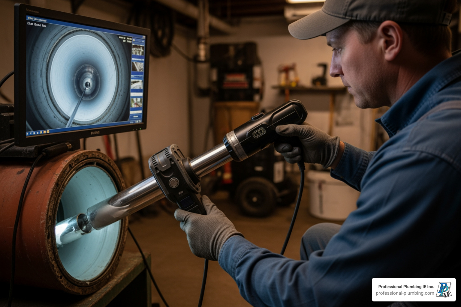 plumber performing a video camera pipe inspection - commercial plumbing services plumber performing a video camera pipe inspection - commercial plumbing services