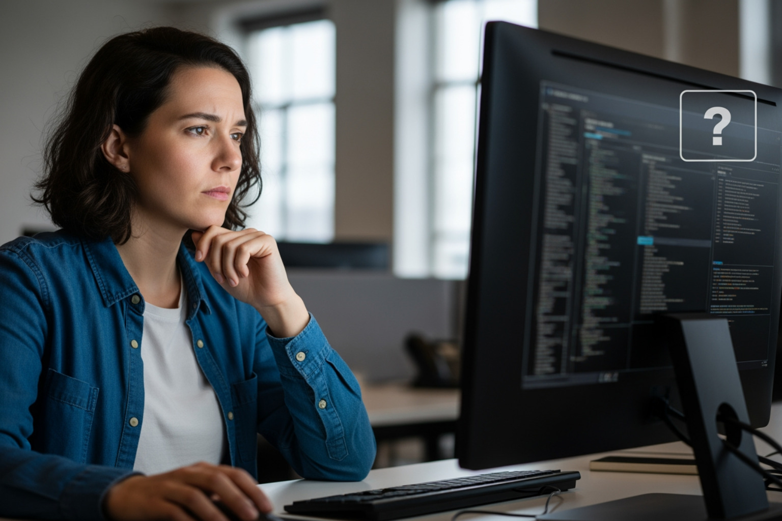 Person thoughtfully looking at a computer screen with a question mark icon - site under construction plugin wordpress