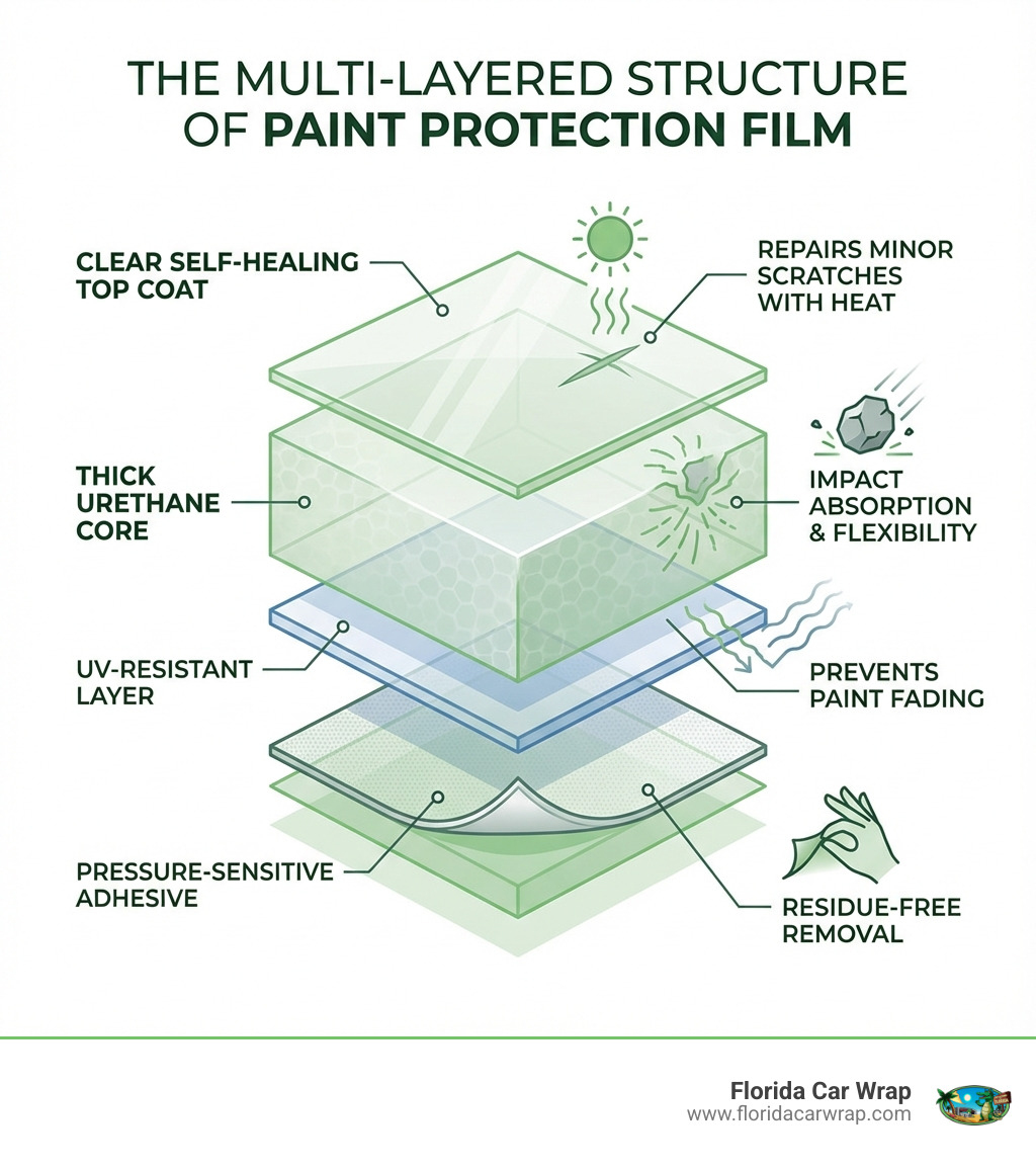 Infographic showing the multi-layered structure of paint protection film with labeled layers: clear self-healing top coat that repairs minor scratches with heat, thick urethane core for impact absorption and flexibility, UV-resistant layer to prevent paint fading, and pressure-sensitive adhesive for residue-free removal - paint protection film infographic 