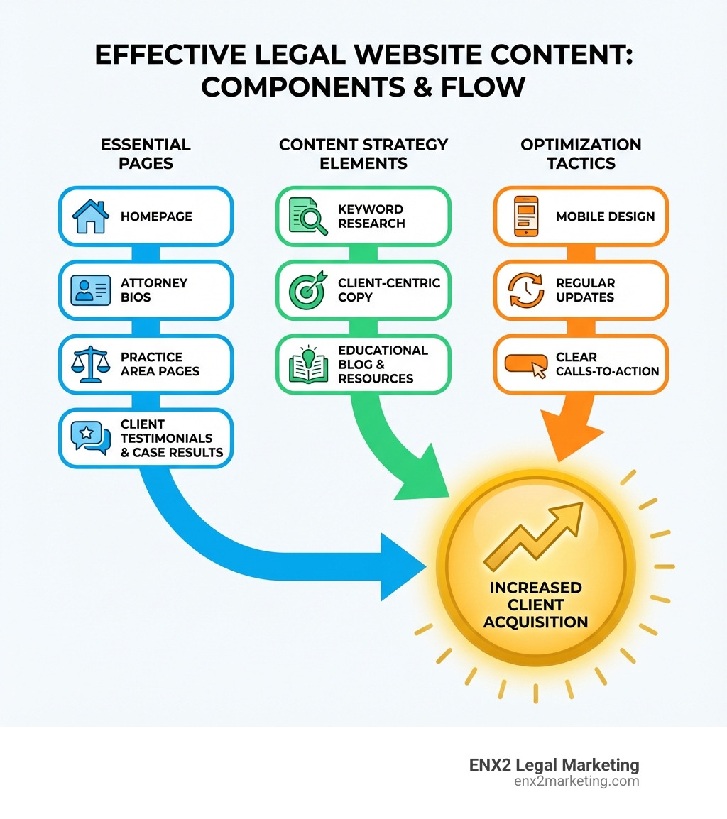 infographic showing the key components of effective legal website content including essential pages like homepage and attorney bios, content strategy elements like keyword research and client-centric copy, and optimization tactics like mobile design and regular updates, all flowing toward the goal of increased client acquisition - legal website content infographic infographic showing the key components of effective legal website content including essential pages like homepage and attorney bios, content strategy elements like keyword research and client-centric copy, and optimization tactics like mobile design and regular updates, all flowing toward the goal of increased client acquisition - legal website content infographic
