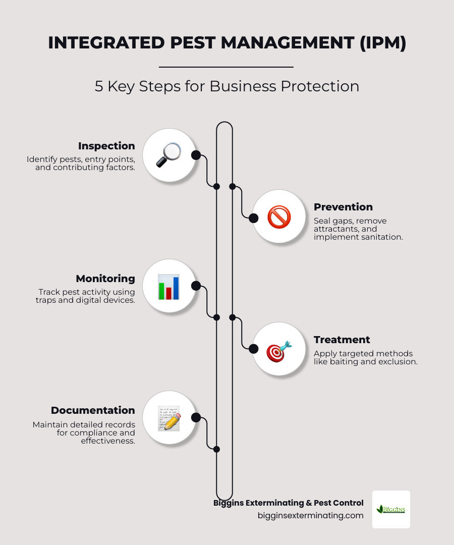 Infographic showing the 5 key steps of Integrated Pest Management for businesses: 1. Inspection - identifying pests and entry points, 2. Prevention - sealing gaps and removing attractants, 3. Monitoring - tracking pest activity with digital tools, 4. Treatment - using targeted methods like baiting and exclusion, 5. Documentation - maintaining records for compliance - pest exterminator service infographic infographic-line-5-steps-elegant_beige