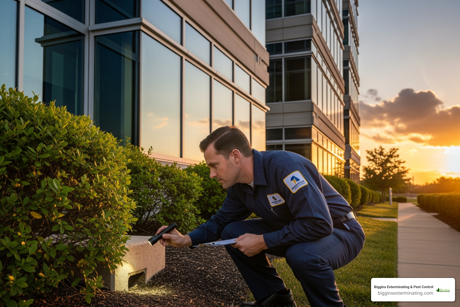 technician inspecting commercial building - pest exterminator service