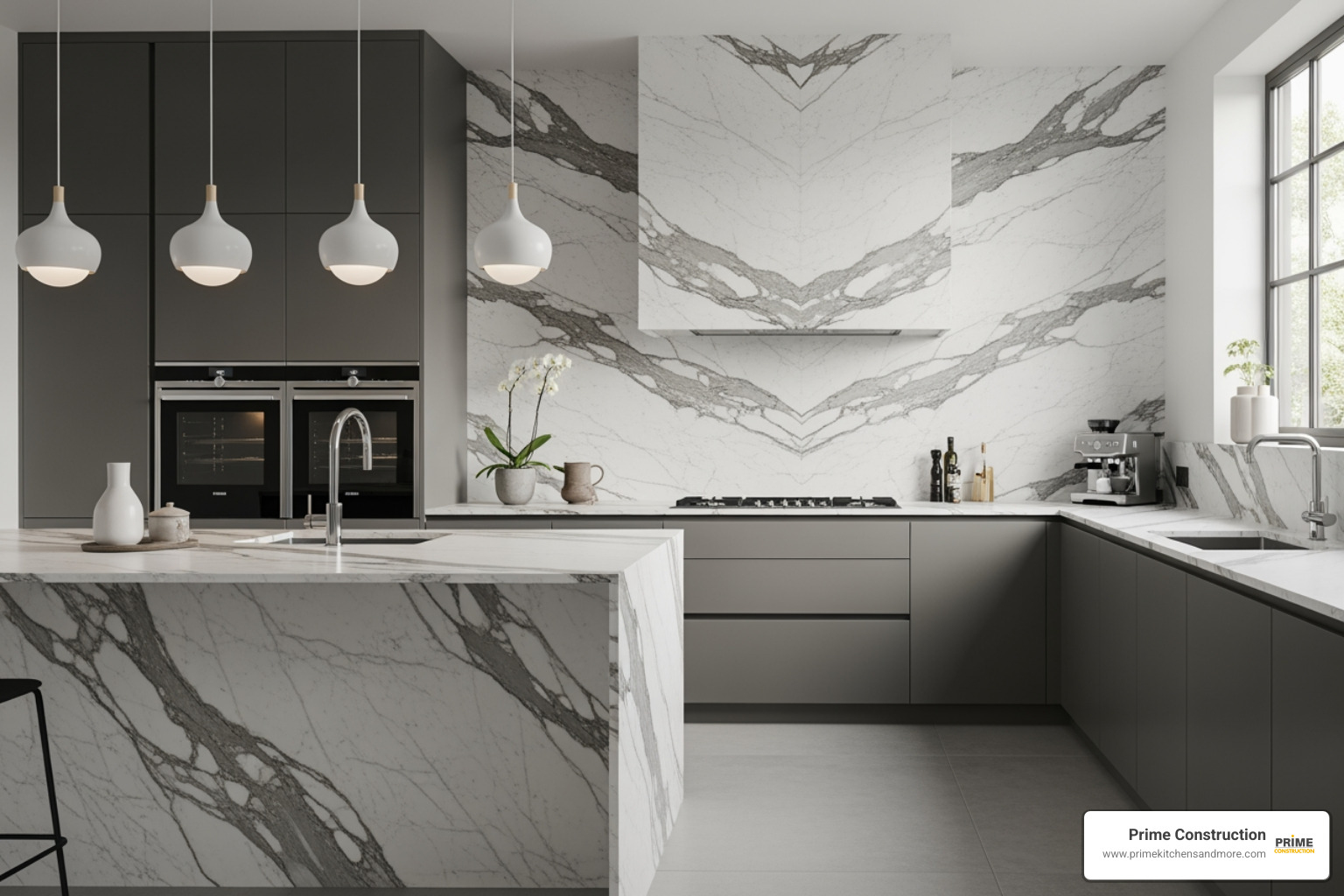 Image of a full-height marble slab backsplash - kitchen backsplash ideas
