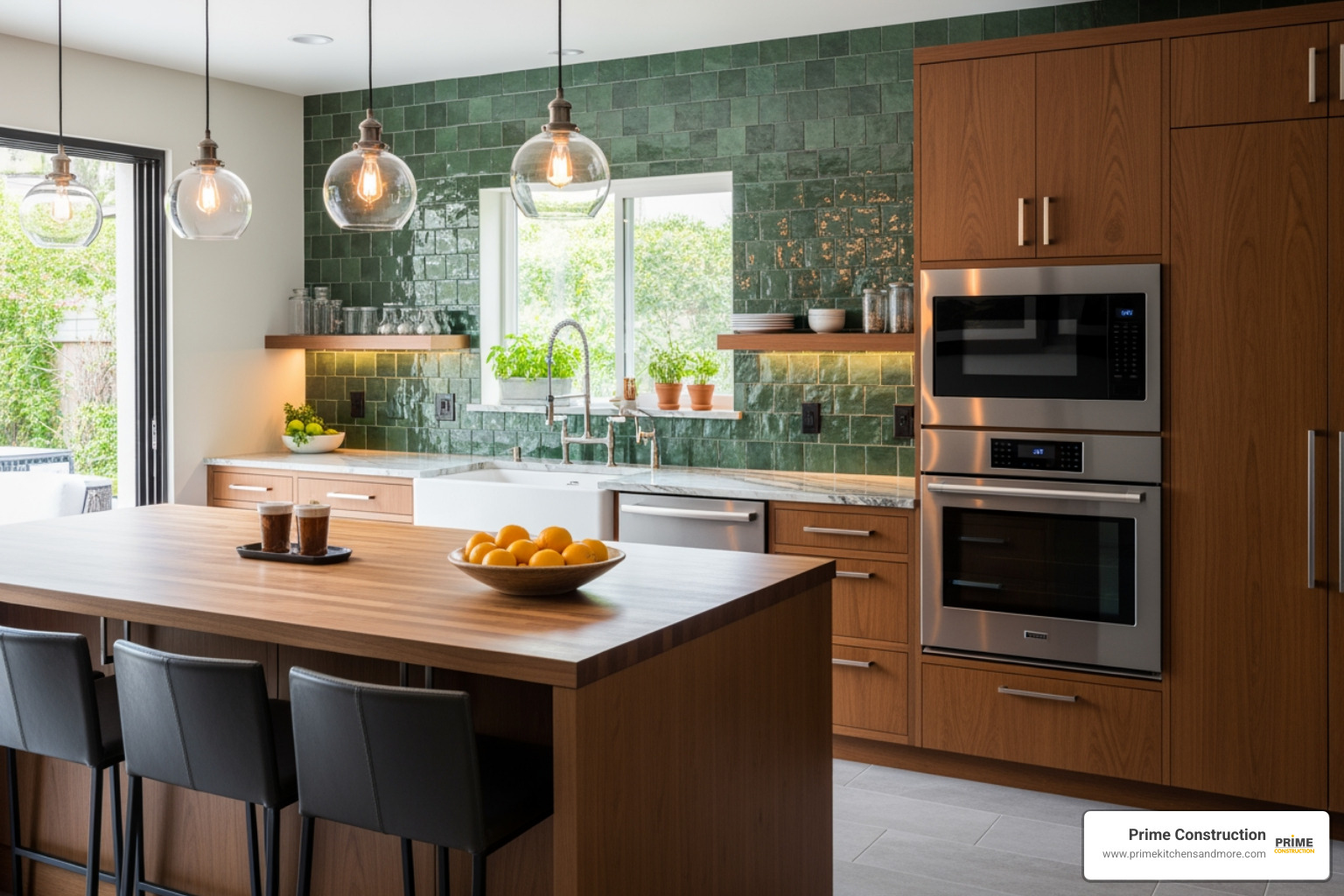 Image of a kitchen with textured green Zellige tiles - kitchen backsplash ideas