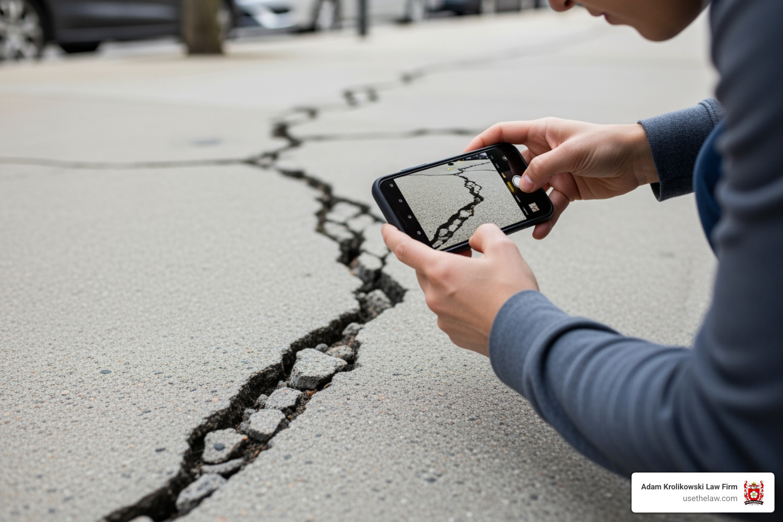 person taking photo of cracked sidewalk with phone - premises liability lawyer Santa Ana person taking photo of cracked sidewalk with phone - premises liability lawyer Santa Ana