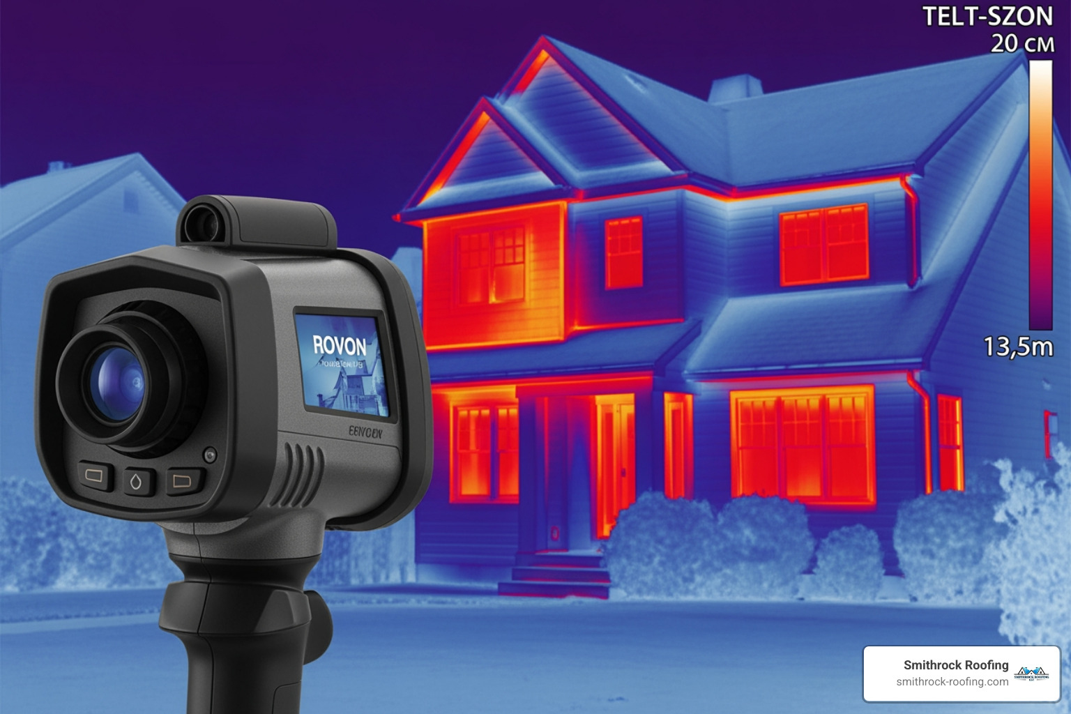 thermal imaging camera pointed at a house, showing heat loss in red and orange around windows and the attic - better home insulation