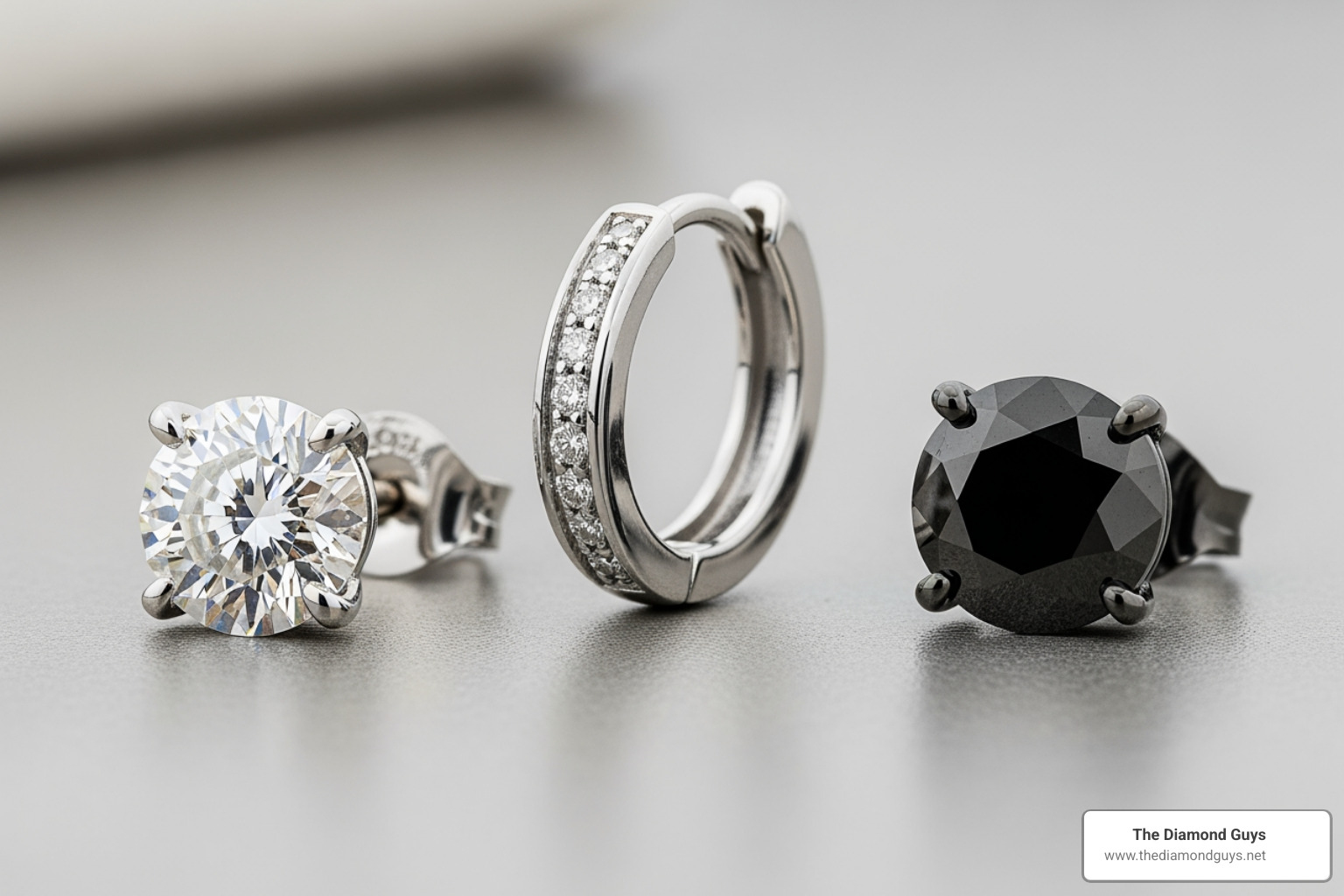 three main styles of men's diamond earrings: a classic round diamond stud, a sleek diamond huggie hoop, and a striking black diamond stud - small diamond earrings for guys