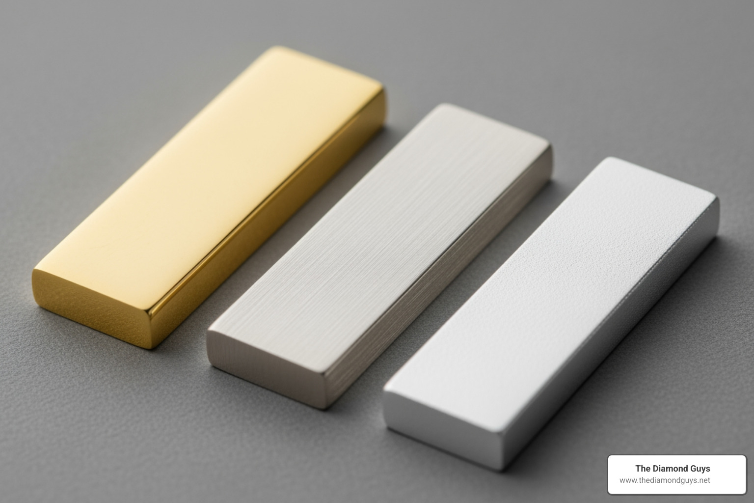 different metal colors like yellow gold, white gold, and platinum on a neutral background, highlighting their distinct hues - small diamond earrings for guys