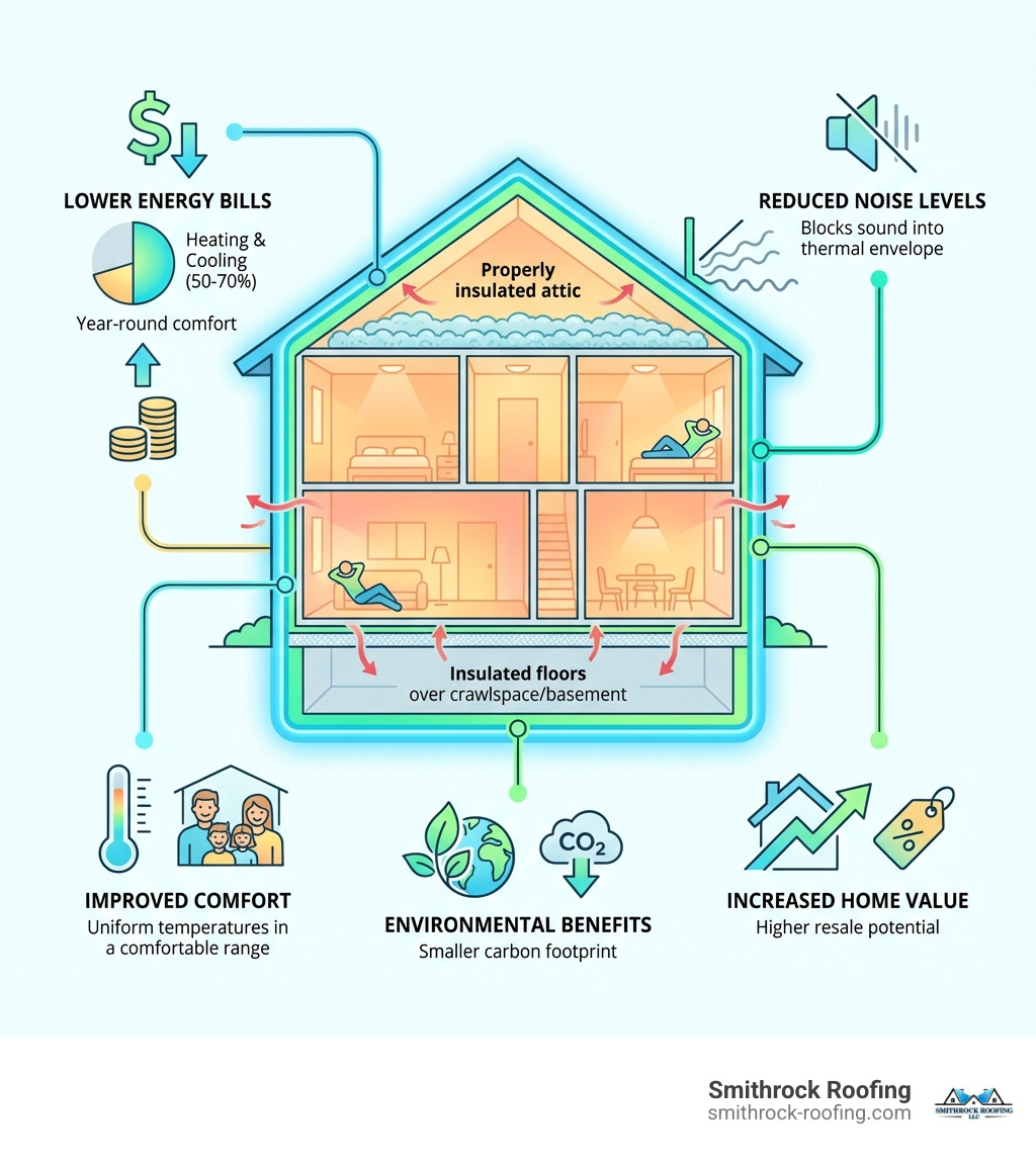 Infographic showing the primary benefits of better home insulation: a house diagram with callouts indicating lower energy bills (showing heating and cooling account for 50-70% of energy use), improved year-round comfort (depicting consistent temperatures), reduced noise levels (sound waves being blocked), increased home value (upward trending value arrow), and environmental benefits (reduced carbon footprint icon). The diagram includes a complete thermal envelope highlighting properly insulated attic, walls, floors, and sealed air gaps. - better home insulation infographic 