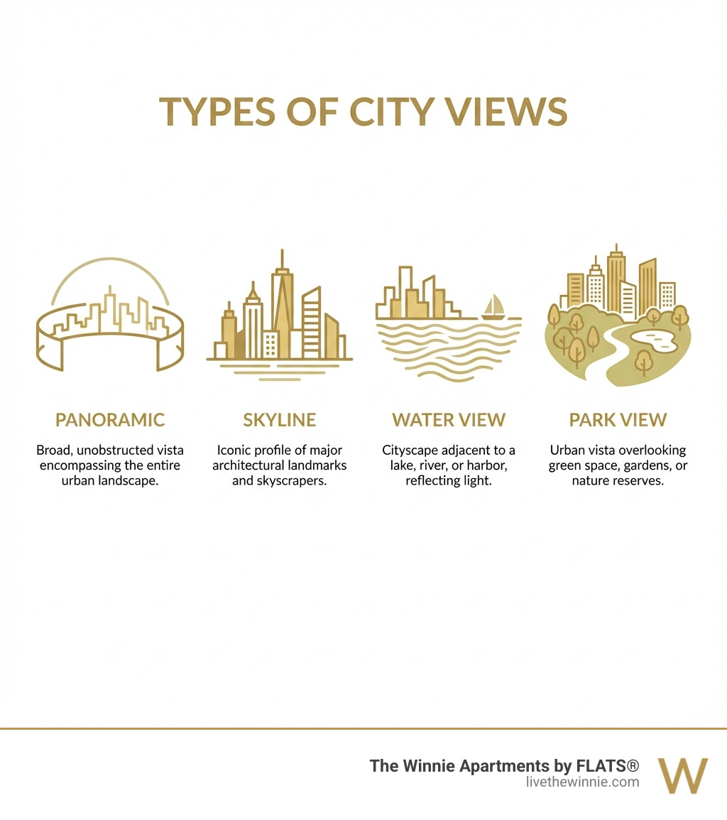 infographic showing four types of city views: panoramic, skyline, water view, and park view - city view infographic infographic showing four types of city views: panoramic, skyline, water view, and park view - city view infographic