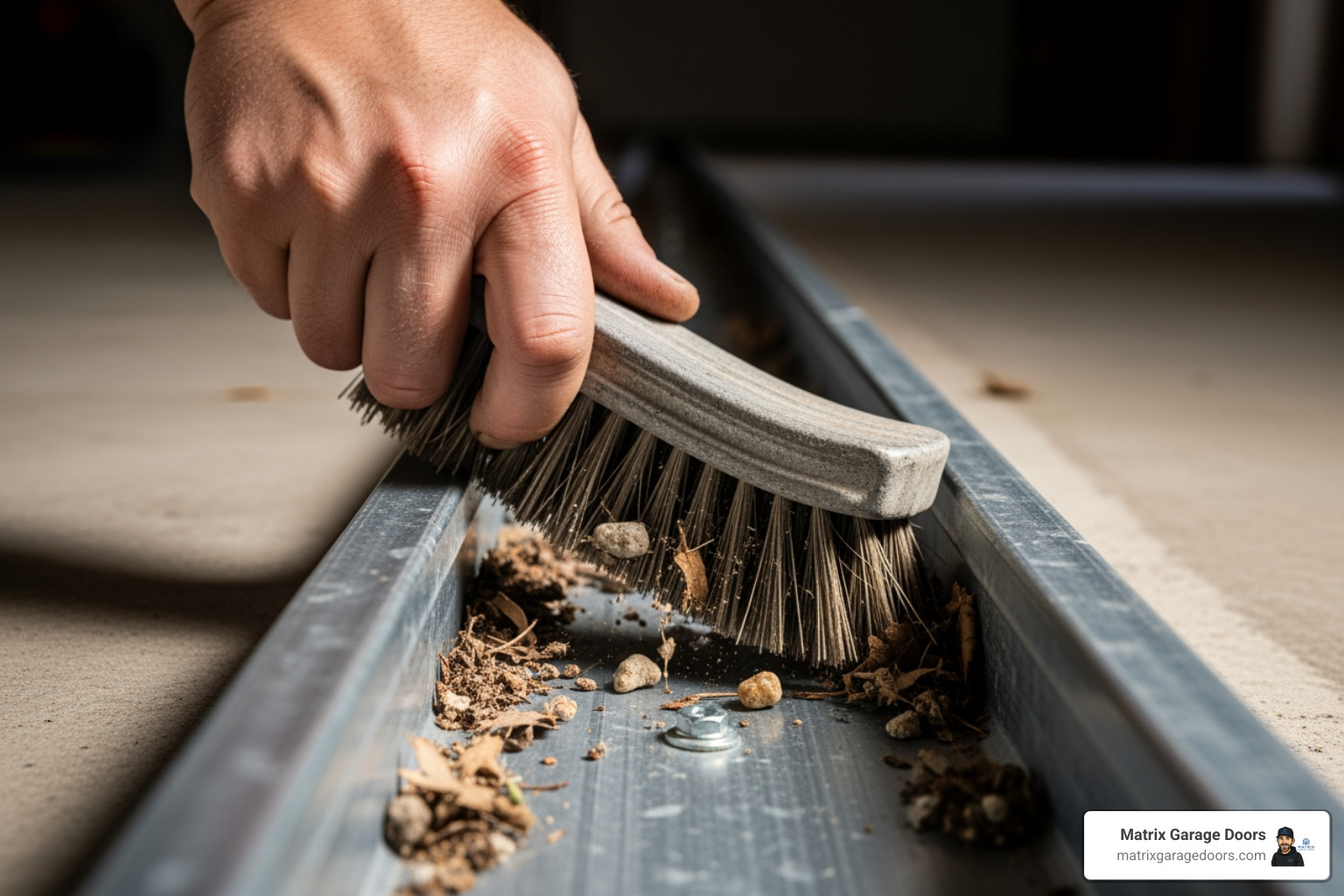 of cleaning debris from a garage door track - preventative garage door maintenance