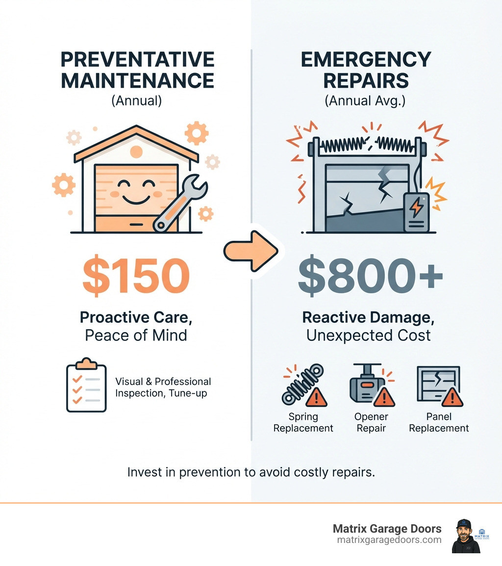 Infographic showing annual cost comparison: $150 for preventative maintenance vs $800+ for emergency spring replacement, broken opener repair, and damaged panel replacement - preventative garage door maintenance infographic 