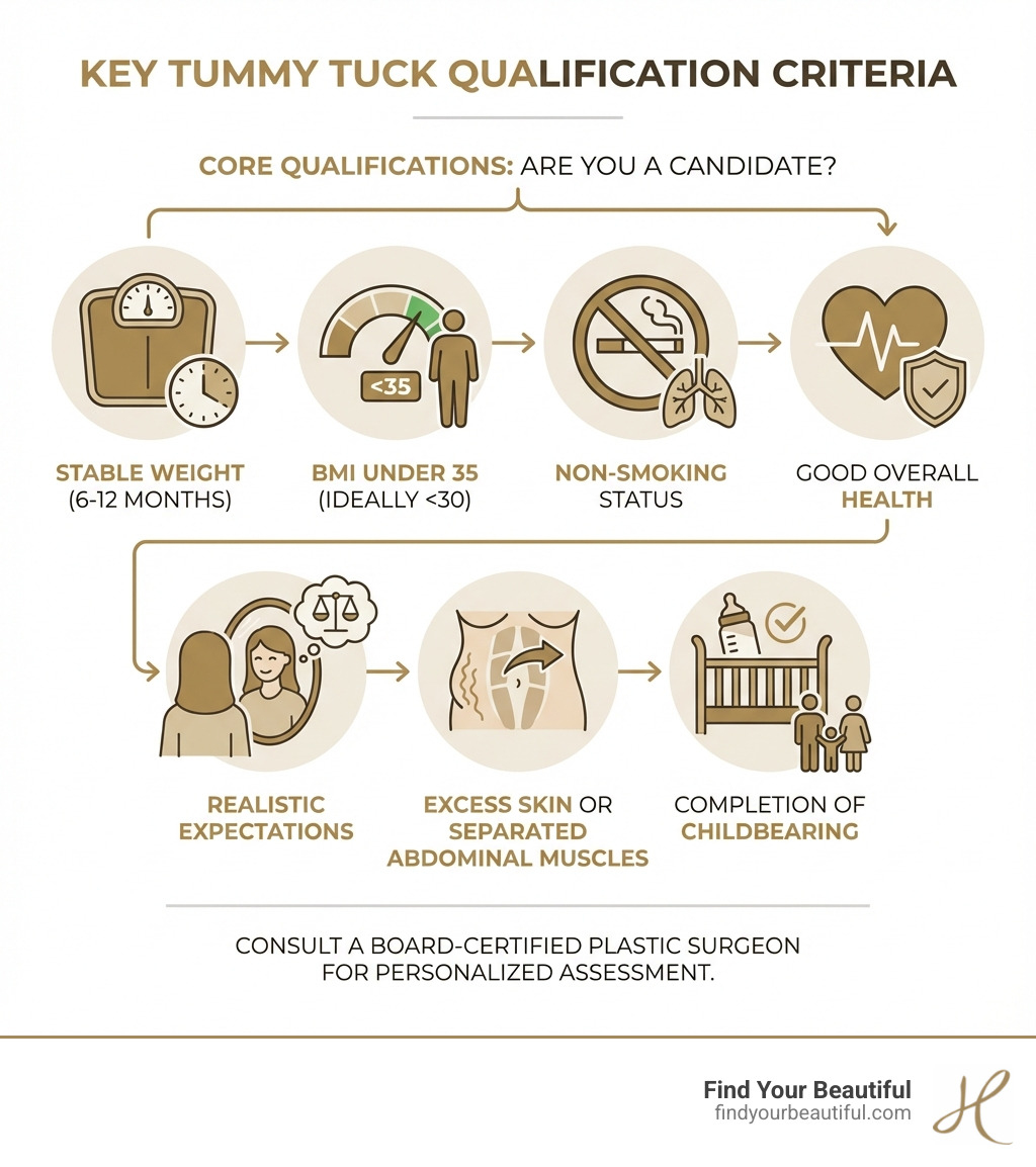 Infographic showing key tummy tuck qualification criteria including stable weight for 6-12 months, BMI under 35, non-smoking status, good overall health, realistic expectations, excess skin or separated abdominal muscles, and completion of childbearing - how to qualify for a tummy tuck infographic 
