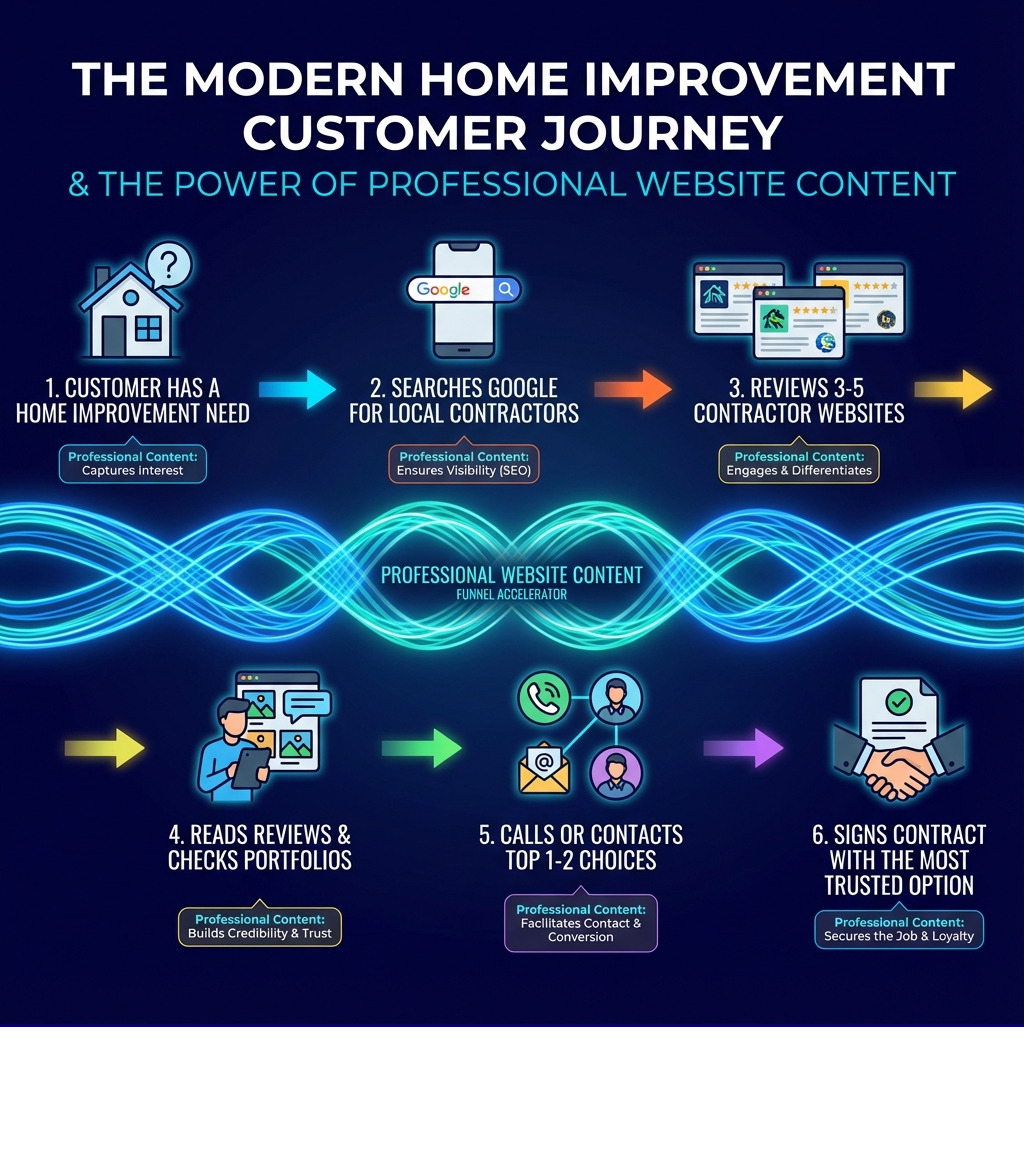 Infographic showing the modern customer journey: Customer has a home improvement need → Searches Google for local contractors → Reviews 3-5 contractor websites → Reads reviews and checks portfolios → Calls or contacts top 1-2 choices → Signs contract with the most trusted option. Each step highlights the importance of professional website content in moving customers through the funnel. - website content contractors infographic 