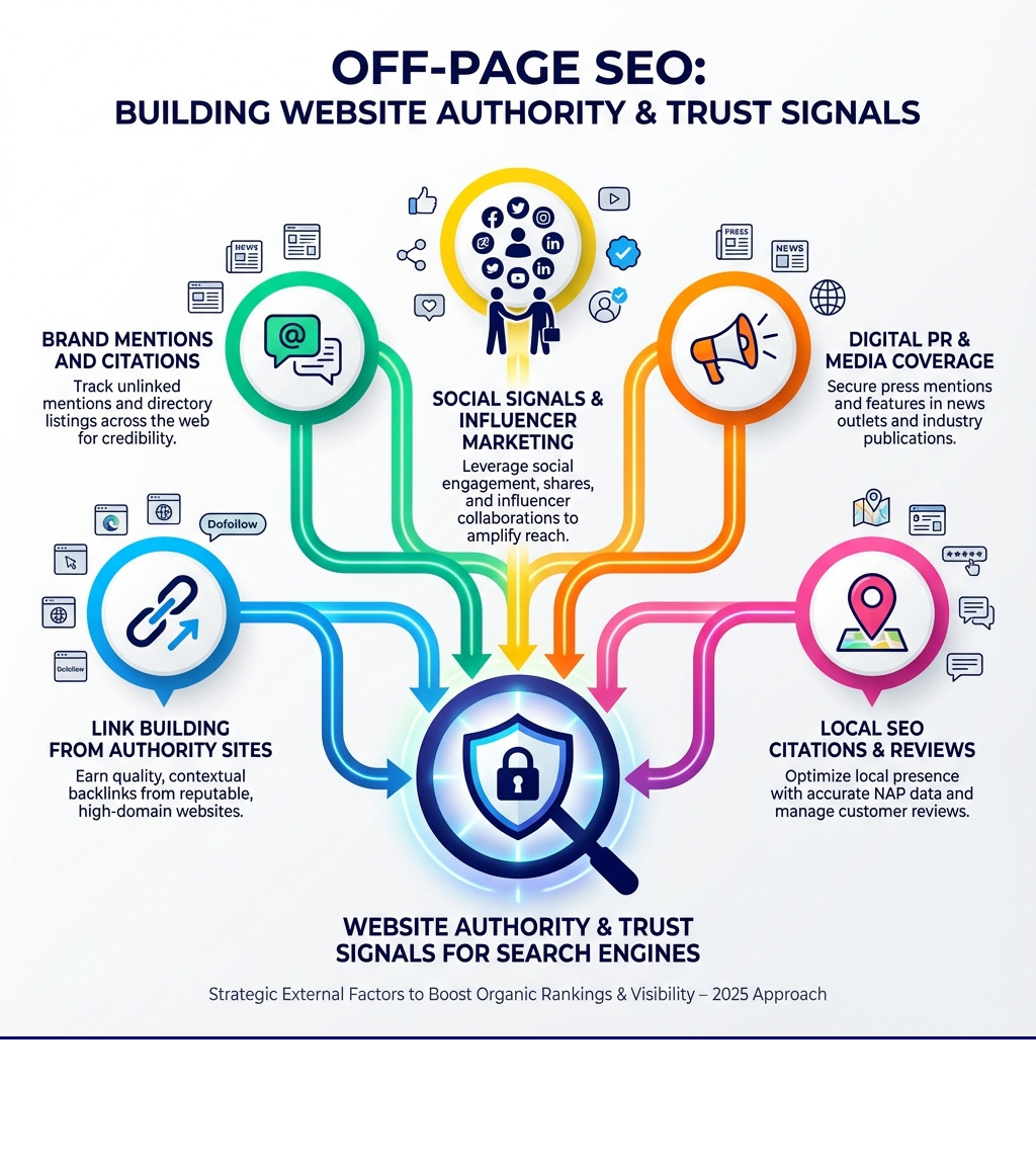 Infographic showing Off-Page SEO components including Link Building from authority sites, Brand Mentions and Citations, Social Signals and Influencer Marketing, Digital PR and Media Coverage, Local SEO Citations and Reviews, and how these external factors build Website Authority and Trust Signals for Search Engines - off page seo backlinks infographic 