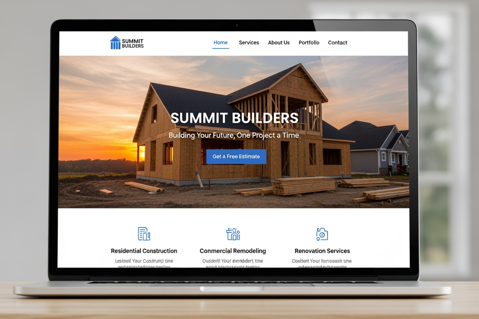 A clean, professional contractor website homepage with clear navigation and a call-to-action. - website content contractors