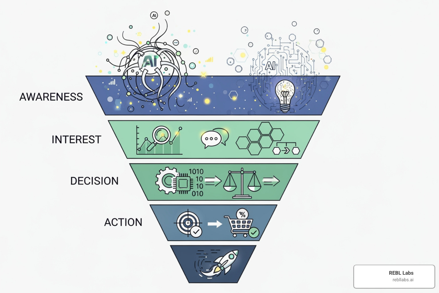 Sales lifecycle funnel with AI tool icons - AI to increase sales