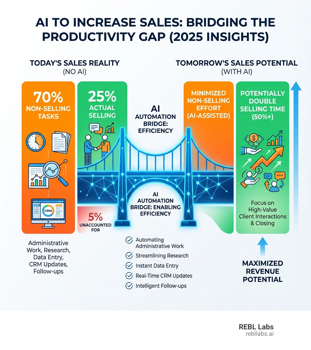 Infographic showing sales reps spend 70% of time on non-selling tasks versus 25% on actual selling, with AI bridging the gap by automating administrative work, research, data entry, CRM updates, and follow-ups to potentially double selling time - AI to increase sales infographic 