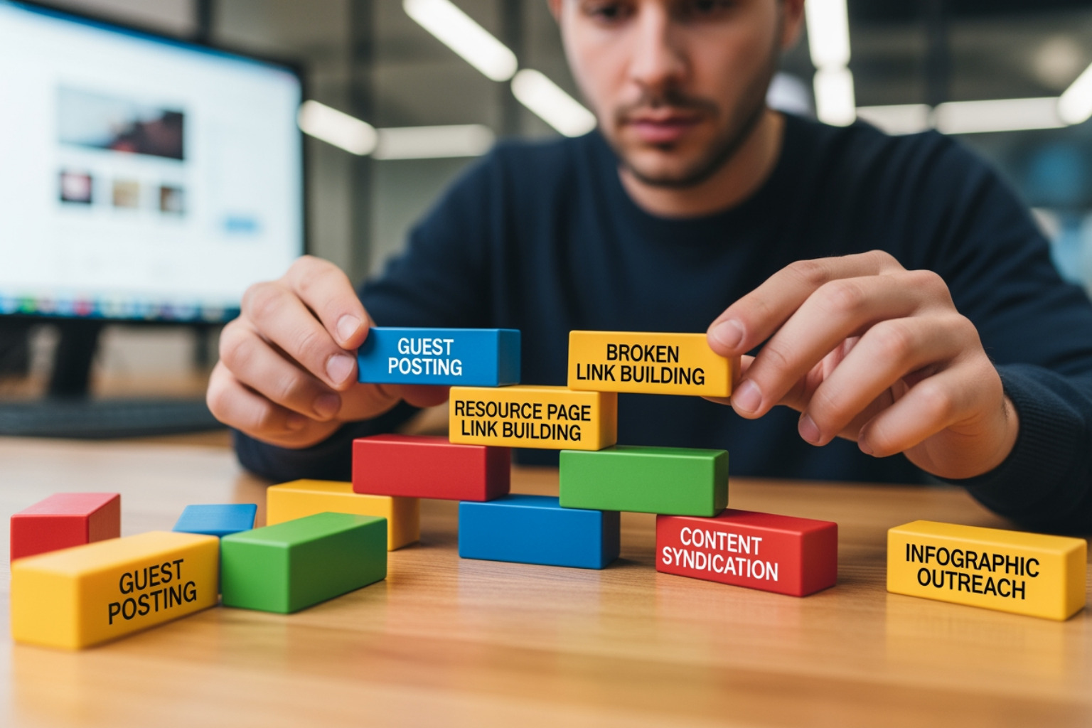 Person building with blocks labeled with different link-building strategies - off page seo backlinks