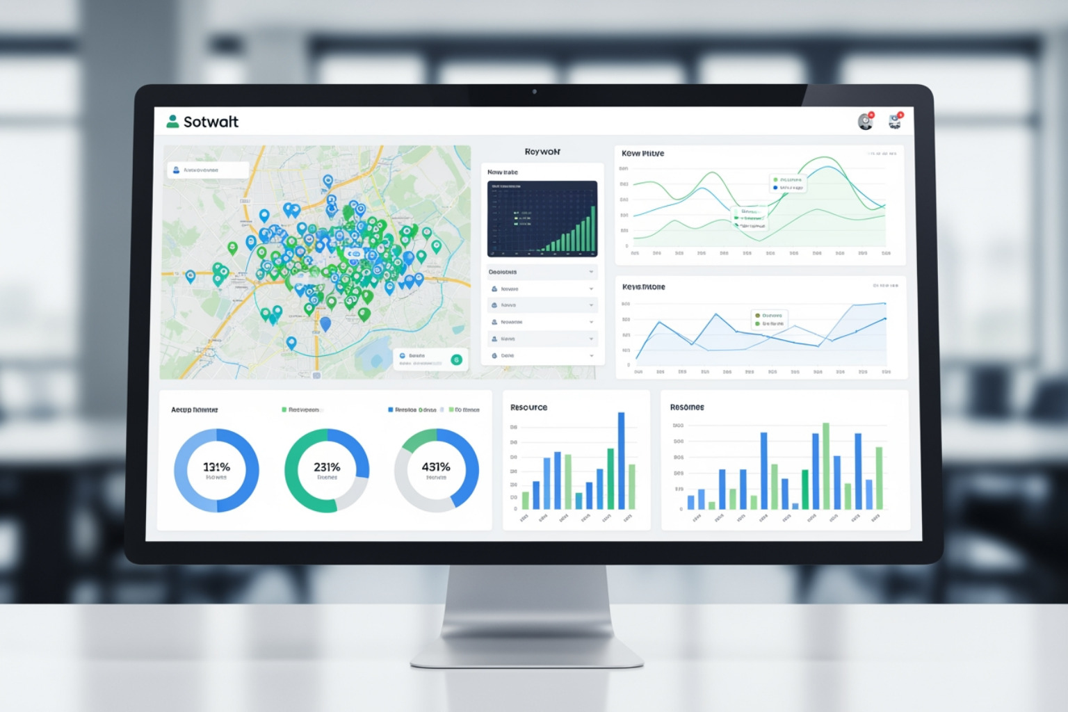 clean modern software dashboard showing maps and charts - local seo software
