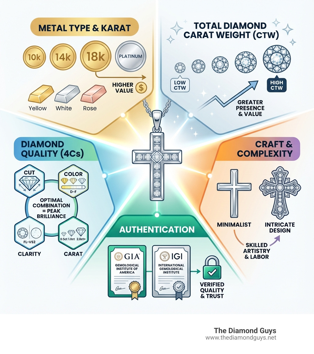 Infographic showing the key value factors for a men's diamond cross necklace: metal type and karat (10k, 14k, 18k gold or platinum), total diamond carat weight (CTW), diamond quality based on the 4Cs (cut, color, clarity, carat), craftsmanship and design complexity, and authentication certificates like GIA or IGI - men real diamond cross necklace infographic 
