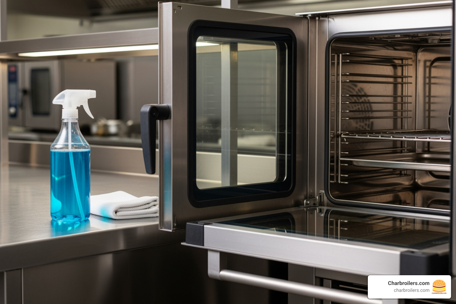 cleaning supplies on a stainless steel counter next to a sparkling clean commercial oven interior - stainless steel convection oven cleaning supplies on a stainless steel counter next to a sparkling clean commercial oven interior - stainless steel convection oven