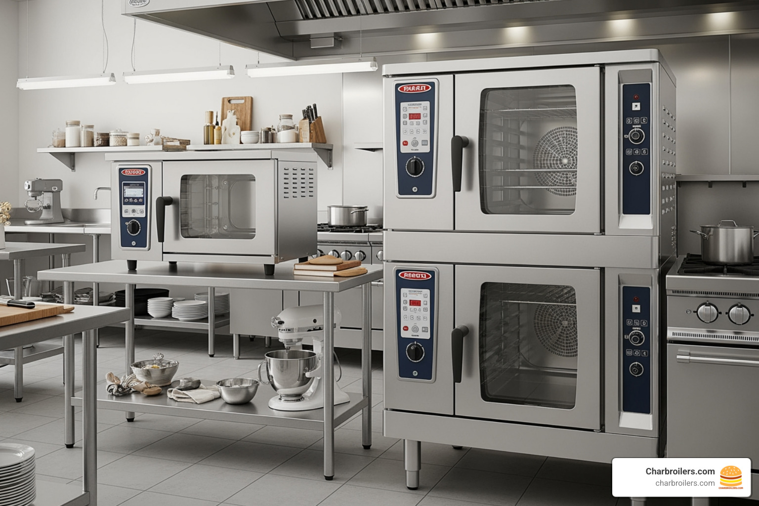 three types of commercial convection ovens: a compact countertop model, a full-size single oven, and a large double stack unit - stainless steel convection oven three types of commercial convection ovens: a compact countertop model, a full-size single oven, and a large double stack unit - stainless steel convection oven