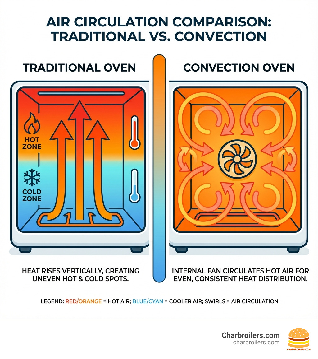 infographic showing how a convection oven's internal fan circulates hot air in circular patterns throughout the cooking chamber compared to a traditional oven where heat rises vertically creating hot and cold zones - stainless steel convection oven infographic infographic showing how a convection oven's internal fan circulates hot air in circular patterns throughout the cooking chamber compared to a traditional oven where heat rises vertically creating hot and cold zones - stainless steel convection oven infographic