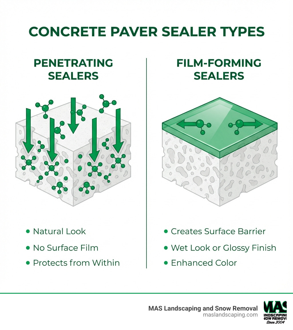 Infographic showing two types of concrete paver sealers: Penetrating Sealers (left side) with arrows showing sealer molecules soaking into paver pores, labeled 'Natural Look, No Surface Film, Protects from Within'; Film-Forming Sealers (right side) with a protective layer on top of the paver, labeled 'Creates Surface Barrier, Wet Look or Glossy Finish, Enhanced Color' - concrete paver sealer infographic 