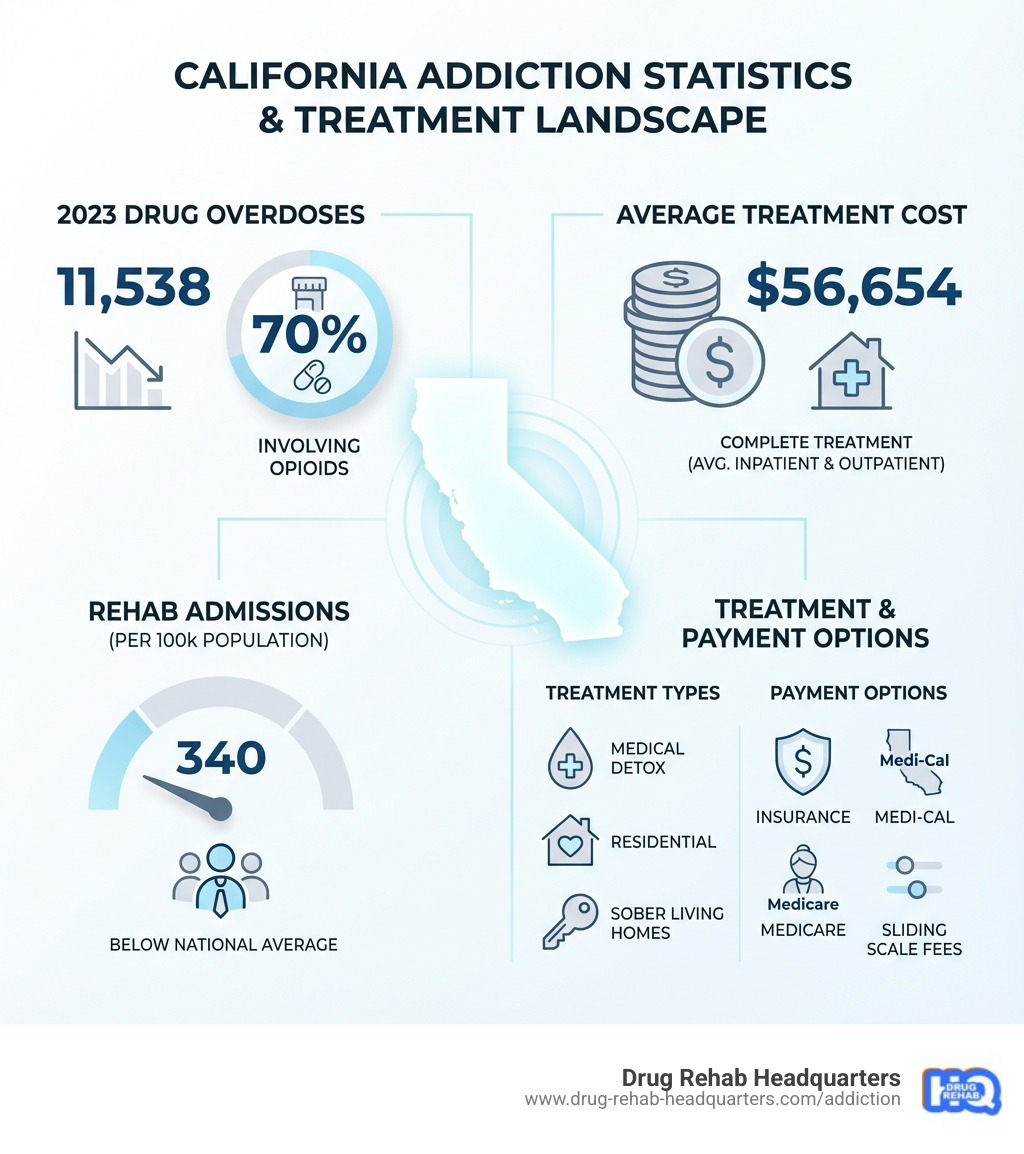 Infographic showing California addiction statistics: 11,538 total drug overdoses in 2023, 70% involving opioids, average treatment cost of $56,654, 340 rehab admissions per 100,000 population, and treatment types ranging from medical detox to sober living homes, with payment options including insurance, Medi-Cal, Medicare, and sliding scale fees - drug and alcohol rehab centers in california infographic Infographic showing California addiction statistics: 11,538 total drug overdoses in 2023, 70% involving opioids, average treatment cost of $56,654, 340 rehab admissions per 100,000 population, and treatment types ranging from medical detox to sober living homes, with payment options including insurance, Medi-Cal, Medicare, and sliding scale fees - drug and alcohol rehab centers in california infographic