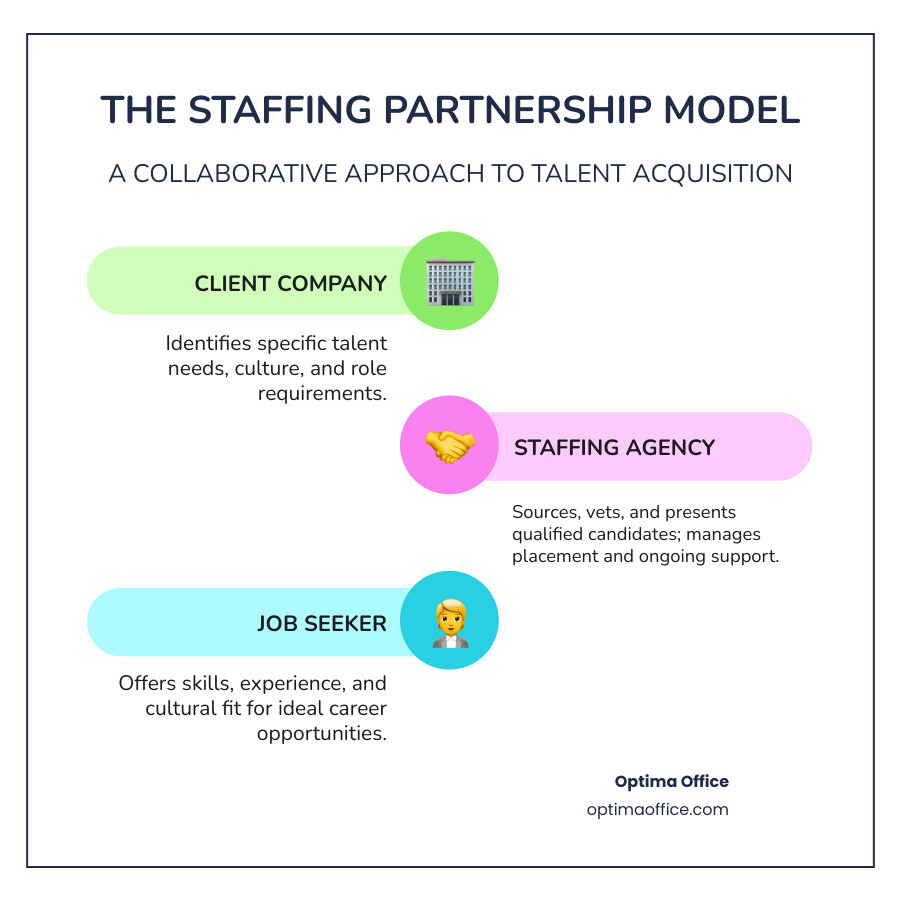 infographic showing the three-way partnership between client company, staffing agency, and candidate, with arrows indicating how the agency screens candidates for the client, presents opportunities to candidates, and ensures ongoing fit and satisfaction for both parties - staffing recruiting agencies infographic infographic-line-3-steps-colors infographic showing the three-way partnership between client company, staffing agency, and candidate, with arrows indicating how the agency screens candidates for the client, presents opportunities to candidates, and ensures ongoing fit and satisfaction for both parties - staffing recruiting agencies infographic infographic-line-3-steps-colors