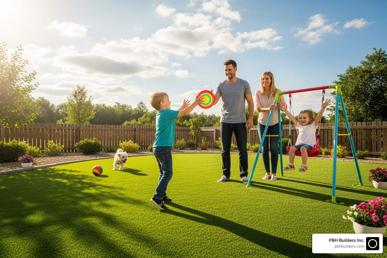 A family happily playing on a pristine artificial lawn, enjoying the outdoors. - artificial turf Encinitas