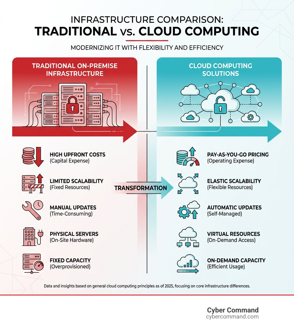 Infographic comparing traditional on-premise infrastructure (physical servers, high upfront costs, limited scalability, manual updates, fixed capacity) versus cloud computing (virtual resources, pay-as-you-go pricing, elastic scalability, automatic updates, on-demand capacity) - Cloud computing solutions infographic 