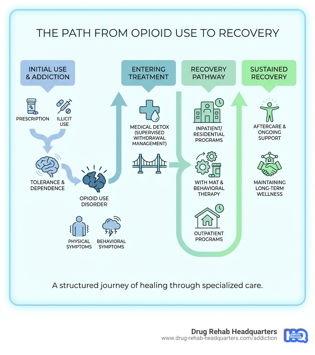 Infographic showing the path from opioid use to addiction and recovery: Starting with prescription or illicit opioid use, leading to tolerance and dependence, progressing to opioid use disorder with physical and behavioral symptoms, then entering treatment through medical detox, followed by inpatient or outpatient programs with MAT and behavioral therapy, and finally achieving sustained recovery through aftercare and ongoing support - treatment centers for opioid addiction infographic Infographic showing the path from opioid use to addiction and recovery: Starting with prescription or illicit opioid use, leading to tolerance and dependence, progressing to opioid use disorder with physical and behavioral symptoms, then entering treatment through medical detox, followed by inpatient or outpatient programs with MAT and behavioral therapy, and finally achieving sustained recovery through aftercare and ongoing support - treatment centers for opioid addiction infographic