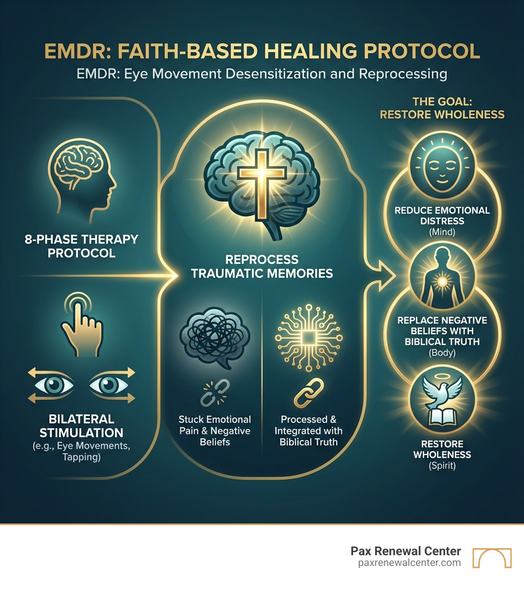 Infographic showing: EMDR stands for Eye Movement Desensitization and Reprocessing. It is an 8-phase therapy protocol that uses bilateral stimulation (like eye movements or tapping) to help the brain reprocess traumatic memories. The goal: reduce emotional distress, replace negative beliefs with biblical truth, and restore wholeness in mind, body, and spirit. Brand colors: deep teal #013B4C and gold #D7A461 - Faith-based EMDR infographic 