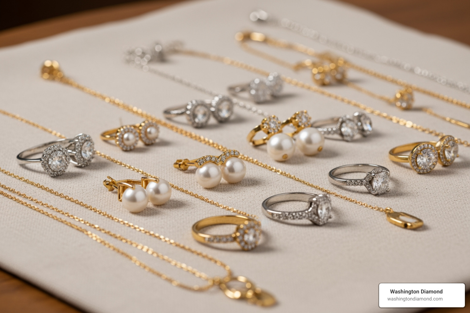 of various jewelry pieces (gold, silver, pearls, diamonds) on a clean cloth - jewelry cleaning of various jewelry pieces (gold, silver, pearls, diamonds) on a clean cloth - jewelry cleaning